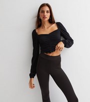 New Look Black Ribbed Frill Square Neck Long Puff Sleeve Crop Top